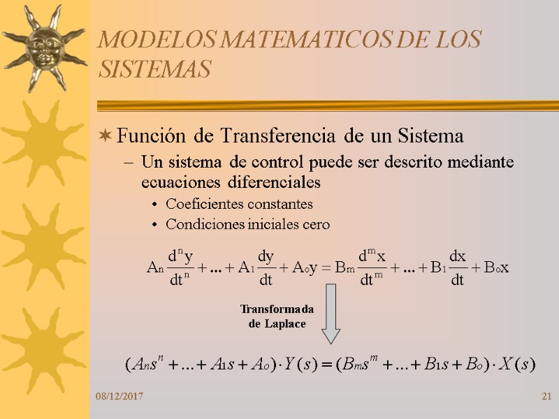 08/12/2017 21 MODELOS MATEMATICOS DE LOS SISTEMAS Función de Transferencia de un Sistema Un